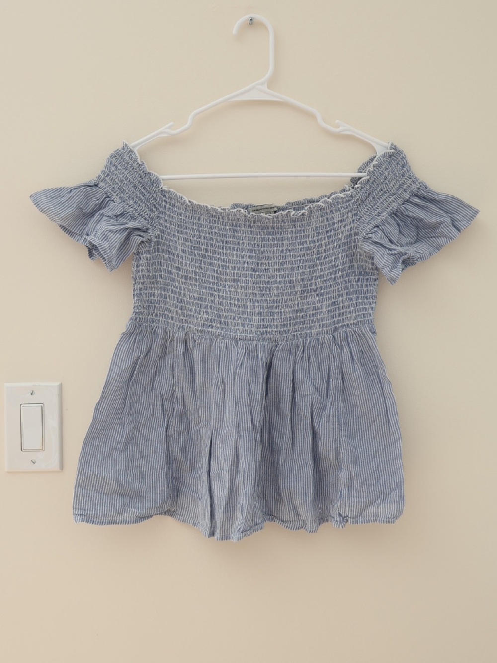 American Eagle Cotton Striped Ruffle Off The Shoulder Smocked Peplum Crop Top S